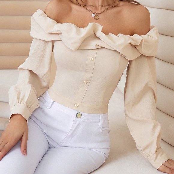 MODA ME COUTURE Tops - Contemporary Off Shoulder Ruffle Trim Blouse Khaki